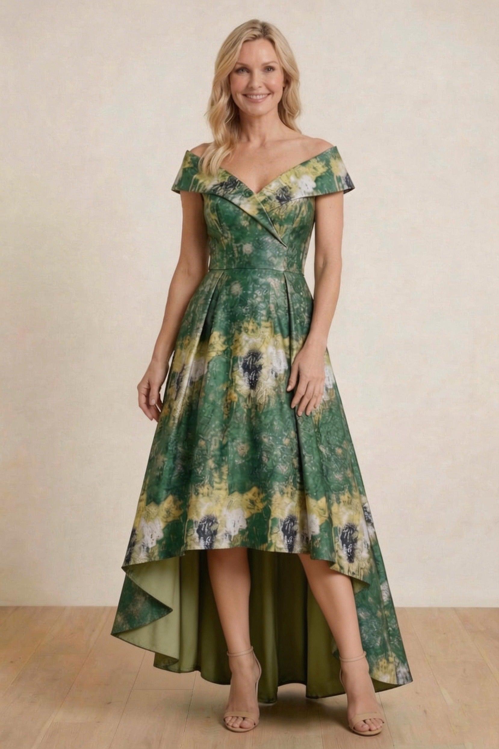 A-Line High-Low Jacquard Mother of the Bride Dress CM0423 - Garden Green Floral - COCOMELODY